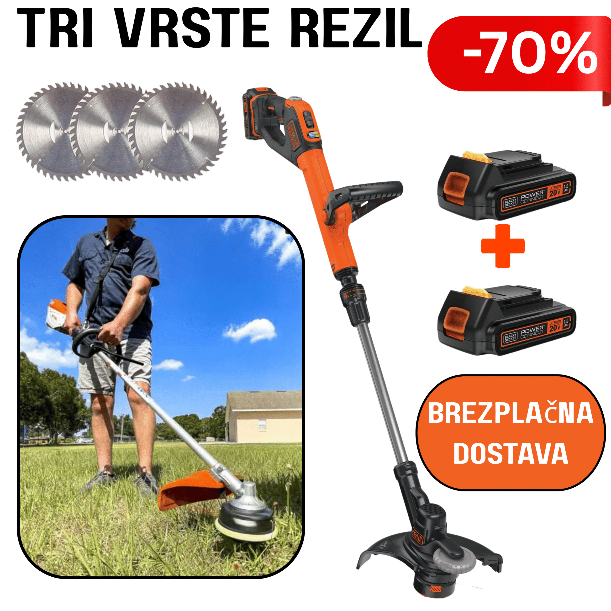 (Akumulatorski trimer za travo) (zmogljiv motor) (tri vrste rezil) (dve 20V bateriji) (70% popust) (brezplačna dostava) (primeren za košnjo trate) (vrtno orodje)
